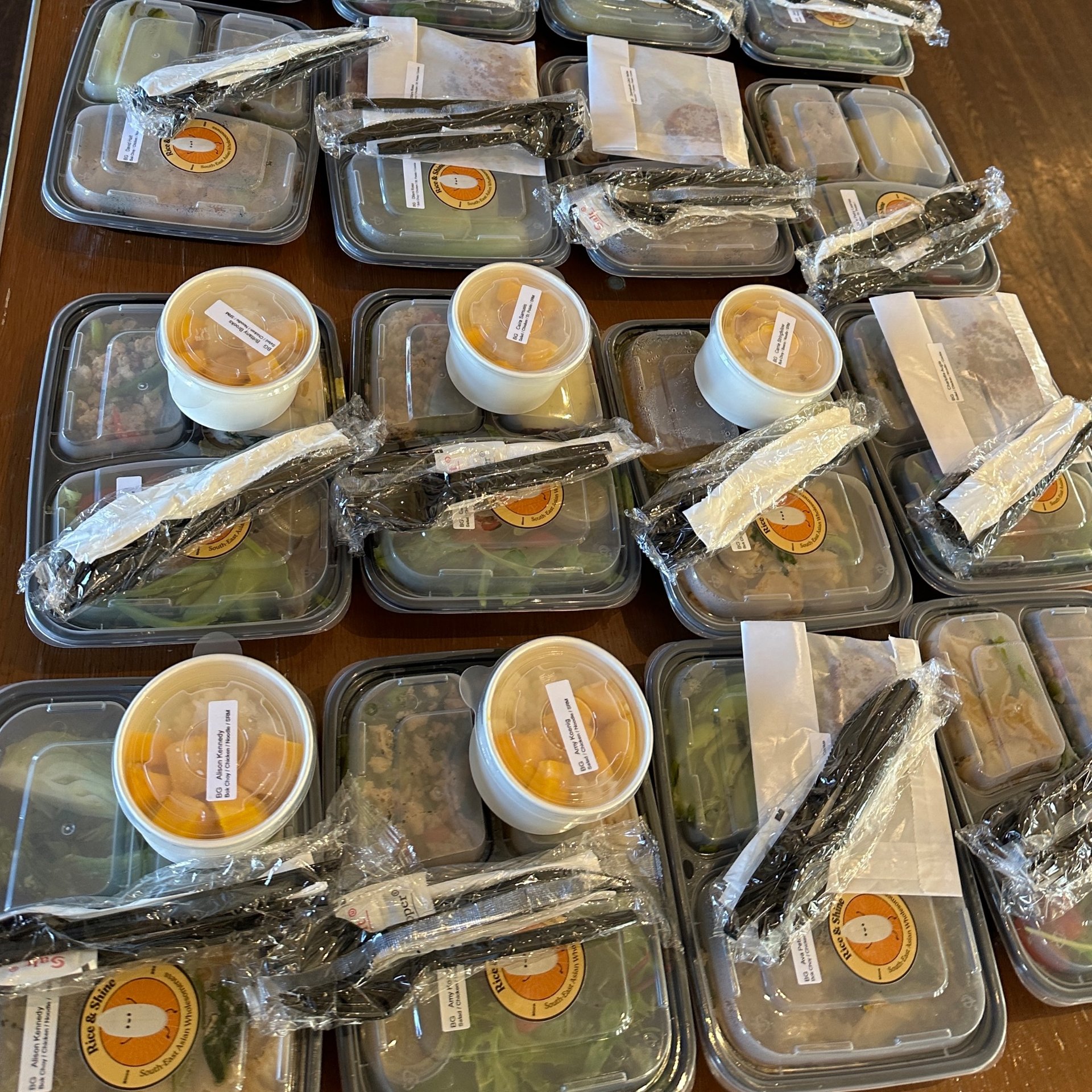 Rice & Shine individually packed lunch boxes with labels