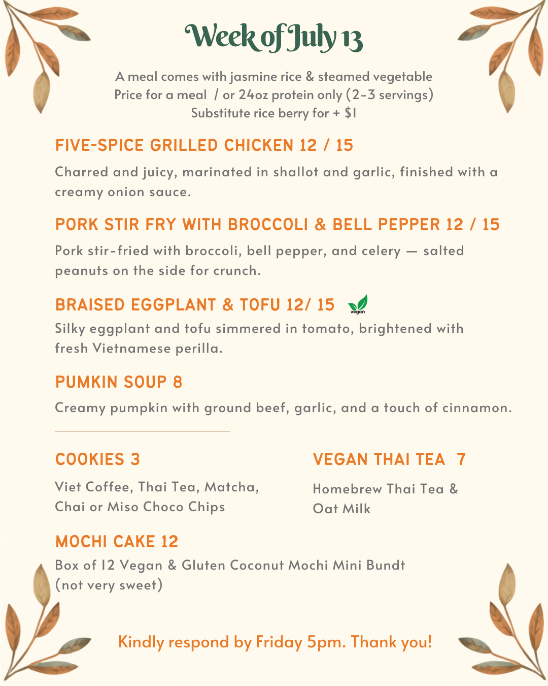 Rice & Shine meal prep menu for the week of July 13