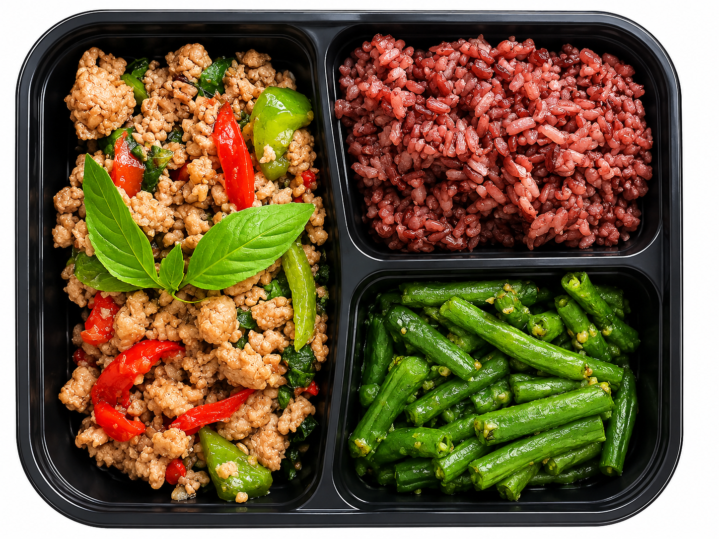 Rice & Shine meal prep container with Thai basil chicken, red rice, and sautéed green beans